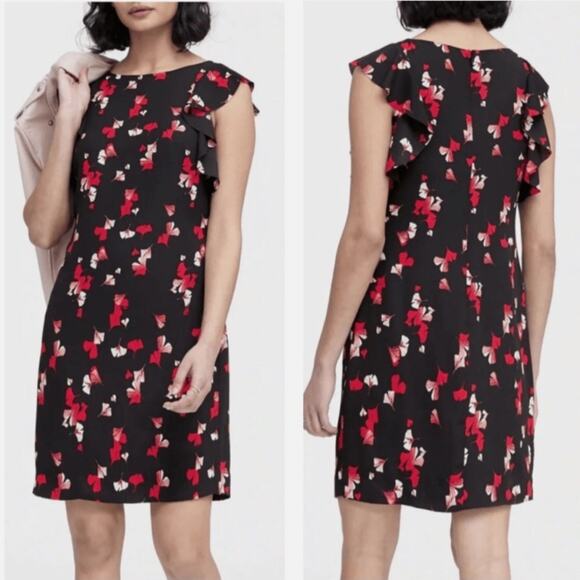 Banana Republic | Floral Shift Dress Flutter Sleeves Black Red Size 14 - Picture 1 of 7